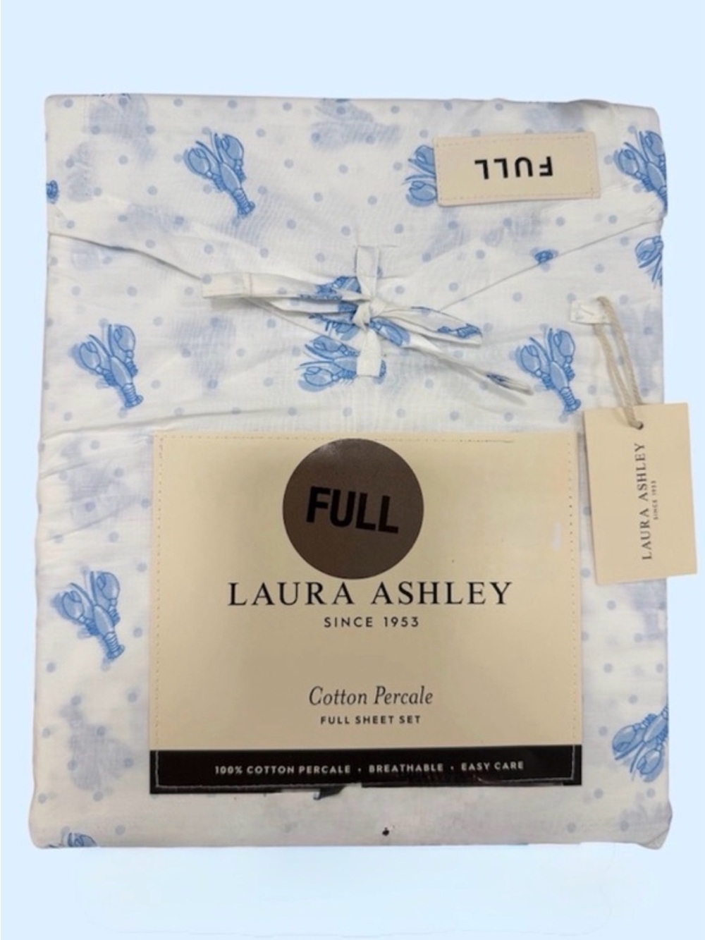 Lobster Poka Dot Laura Ashley Full Light Blue Sheet Set w/Bag ~ Coastal Theme
